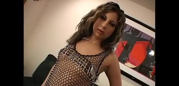 Exotic little slut in a mesh dress gets double penetration in a hotel room